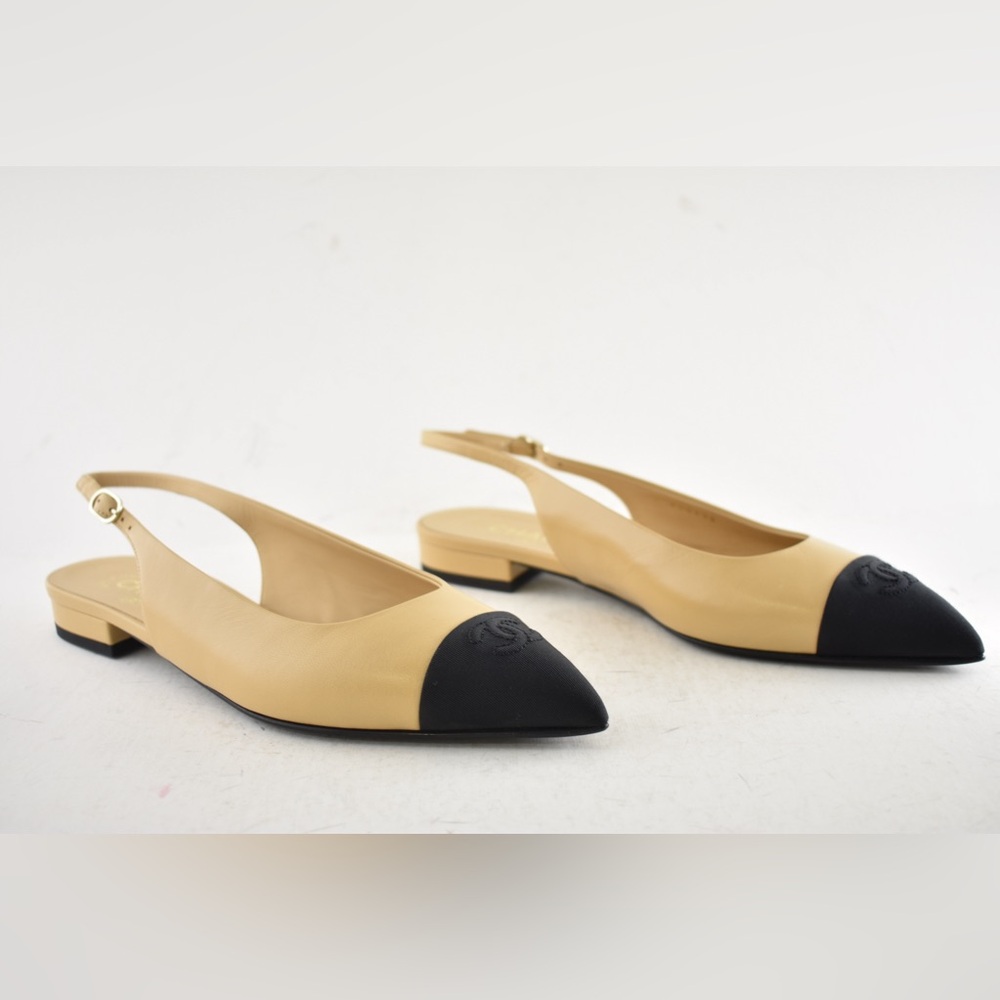 Chanel 24A Beige Leather Black CC Logo Coco Slingback Pointed Ballet Flat 39 - Picture 4 of 15